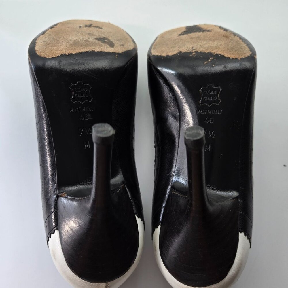 VTG Via Spiga 7.5 Black White Leather Peep-Toe Mary Jane Oxford Heels Lady*Read - Picture 11 of 15
